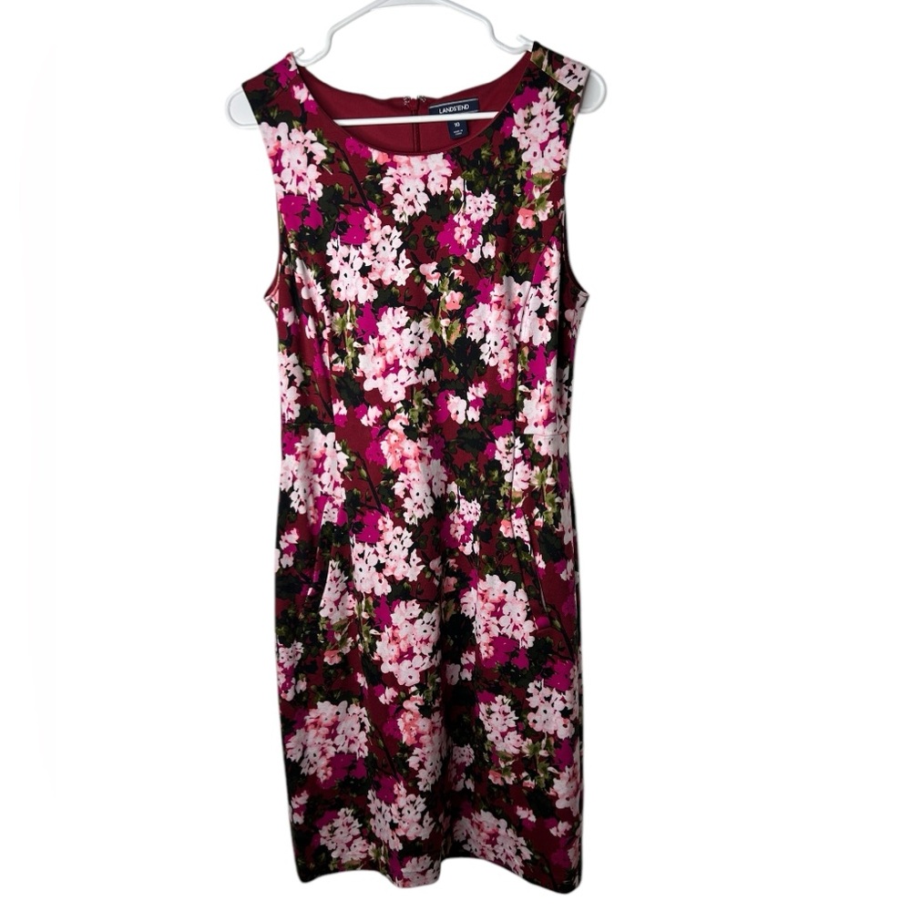 Lands End Women’s Red Floral Sheath Dress Sz 10 Sleeveless Ponte Knit w/ Pockets